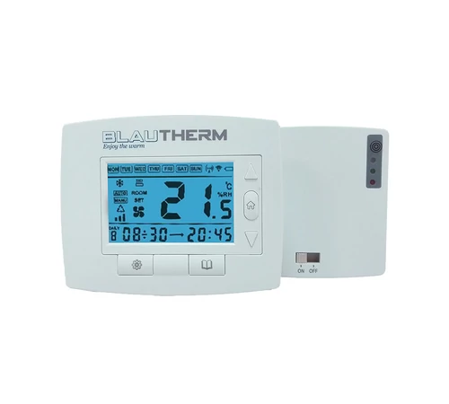 Termostat digital programabil de cameră cu radiofrecvență, BLAUTHERM, rază 100 m fără obstacole / 50 m interior, alimentare termostat 2 x baterii AAA, receptor 220V, afișaj iluminat, setare 5–45°C