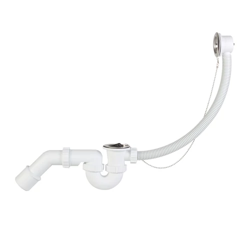 Sifon pentru cadă de baie STYRON, complet, cu dop Ø44 mm și lanț, flanșă de golire albă metalică, tub flexibil 500 mm, evacuare Ø40/Ø50 mm