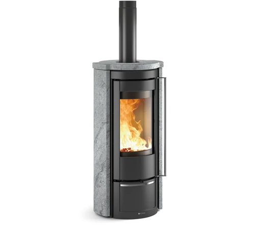 Șemineu pe lemne, 7.5 kW, pentru 215 m3, cu geam panoramic curbat de mare dimensiune, suprafață din piatră naturală, LIU' 5.0 PETRA, La Nordica-Extraflame