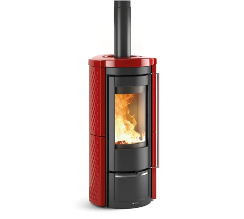 Șemineu pe lemne, 7.5 kW, pentru 215 m3, cu geam panoramic curbat de mare dimensiune, suprafață din fontă emailată Bordeaux, LIU' 5.0, La Nordica-Extraflame