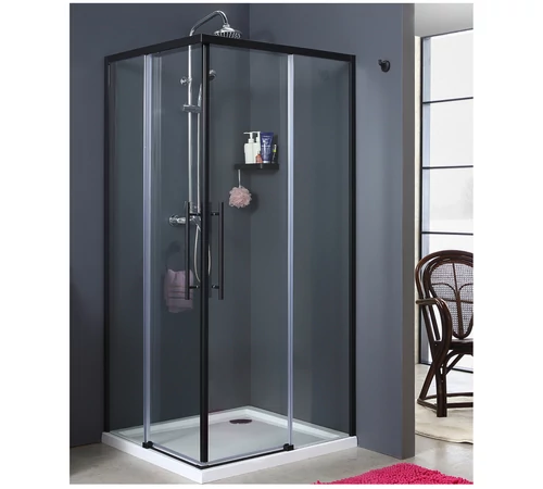 Cabină de duș pătrată din sticlă securizată 5 mm și aluminiu negru mat, 90 x 90 cm, GLADYS