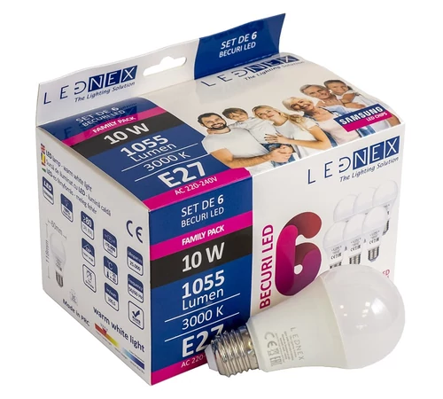 Set de 6 becuri LED, E27 10W 3000K, A60 LEDNEX