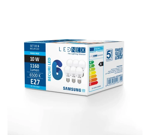 Set de 6 becuri LED E27 10W 6500K A60 LEDNEX